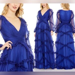 Mac Duggal 68223 Blue Cascade Ruffle Puff Sleeve A Line Gown Long Sleeve Dress 8